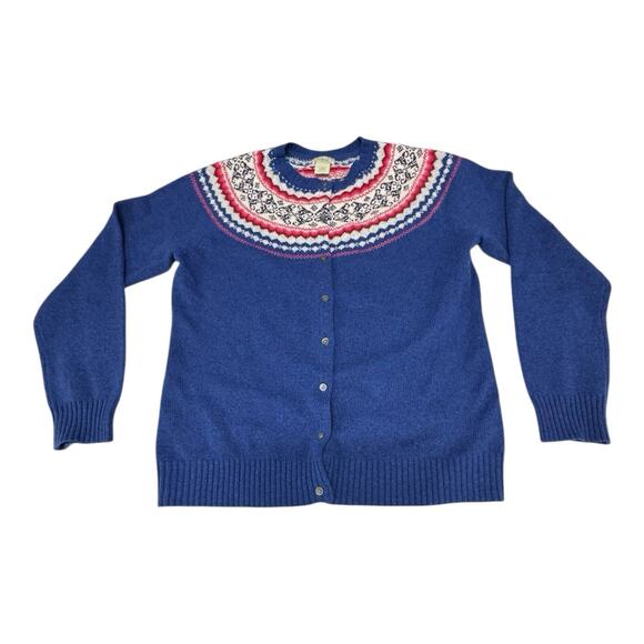 LL Bean Lamb Wool Cardigan Sweater Women's L-Reg Button Up Blue Pink Fair Isle - Picture 1 of 8